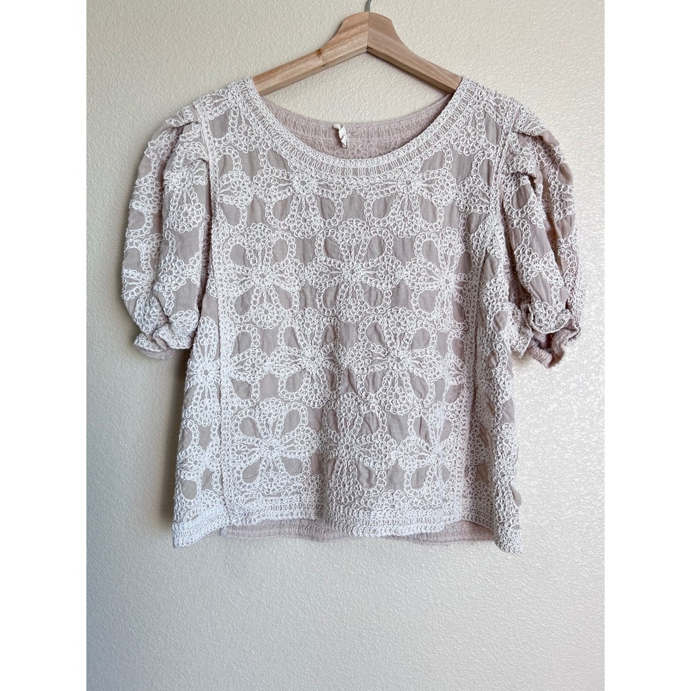 Solitaire Womens‎ Floral Crochet Lace Puff Sleeve Blouse Mauve Taupe Small